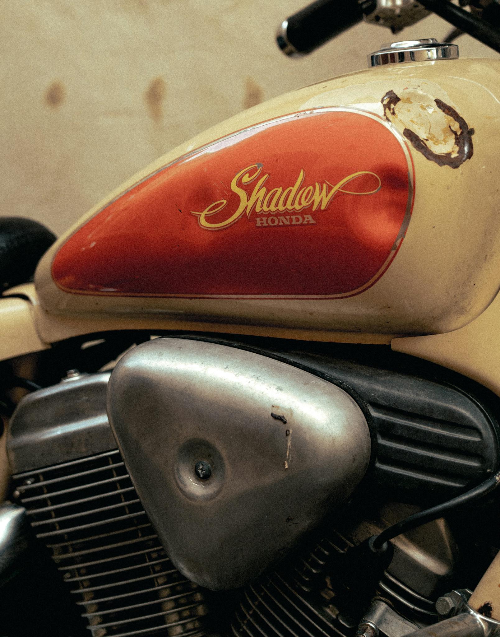 Detailed view of a vintage Honda Shadow motorcycle engine with retro styling.
